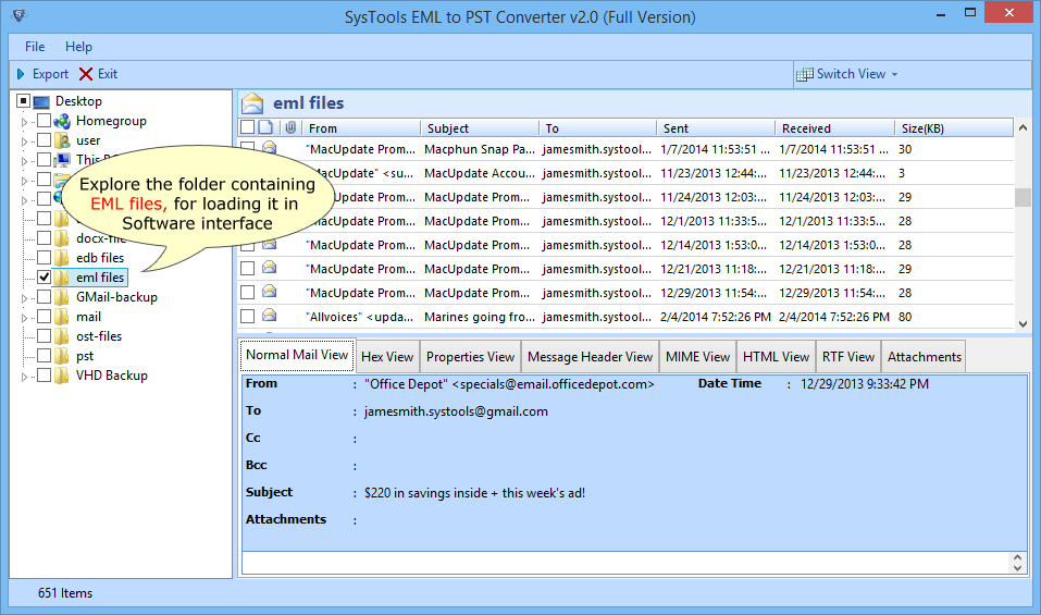 Browse EML files and Folders