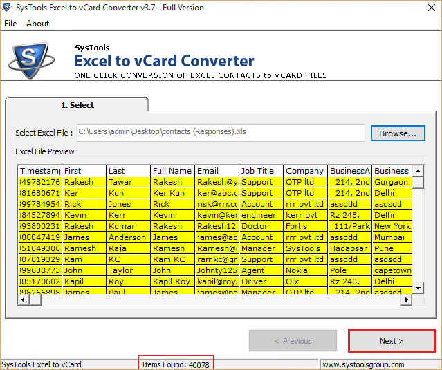 Preview Excel Contacts