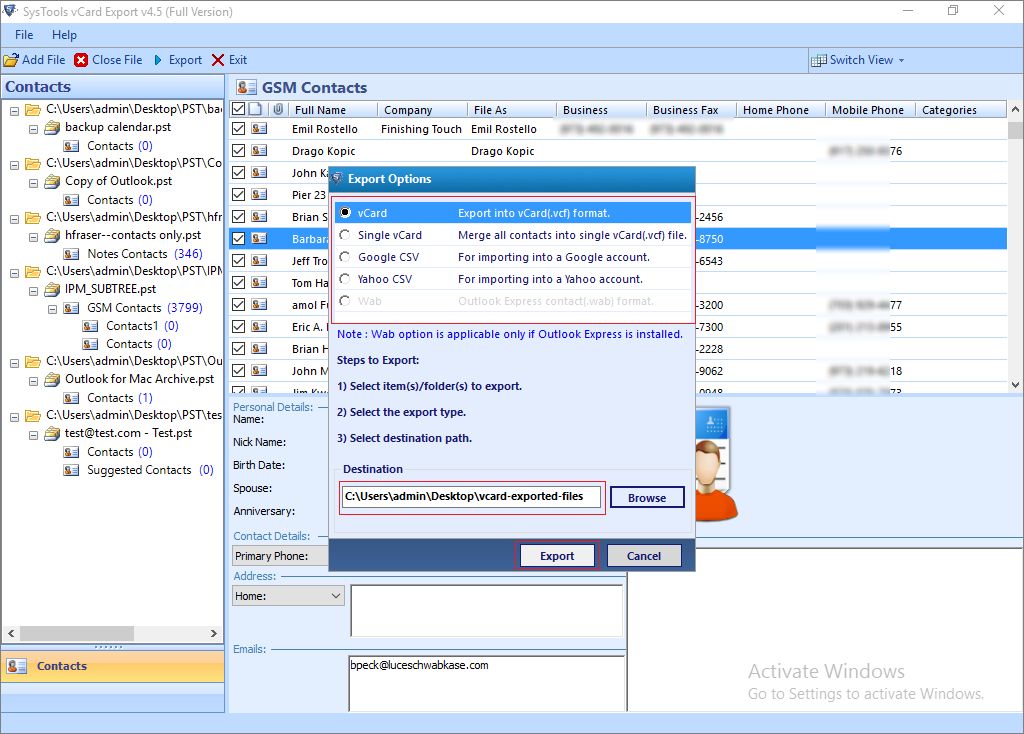Export using Outlook to vCard Converter